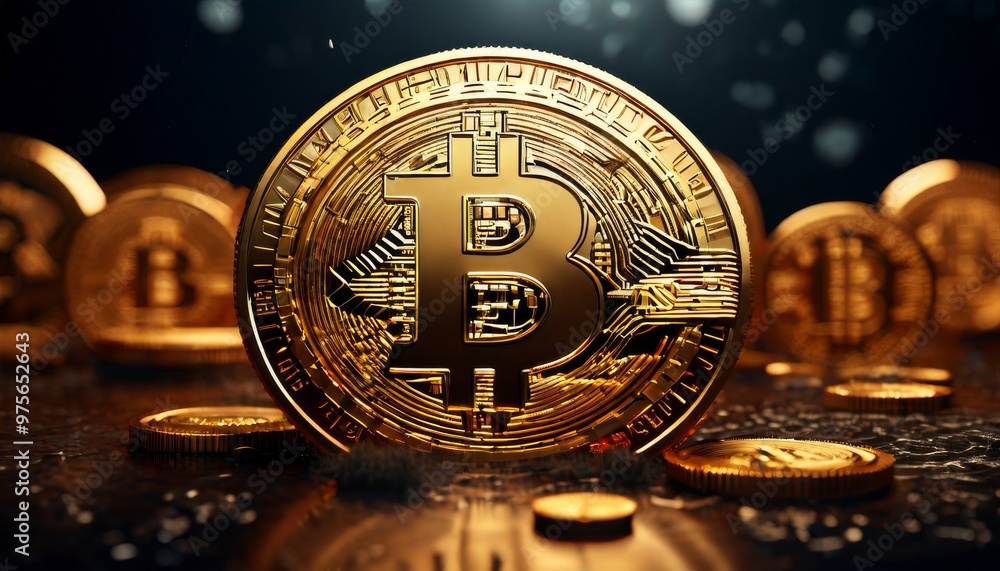 Poster a striking image of a central bitcoin surrounded by smaller coins on a reflective surface. the compo