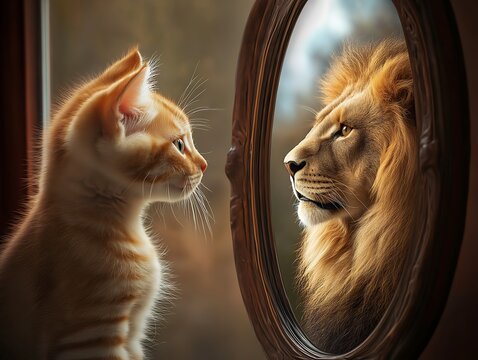 A cute kitten looking in the mirror and seeing an elegant lion reflection, self-confidence