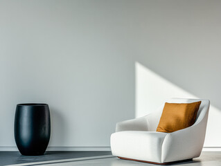 Empty minimalist living room corner with a high contrast of daylight and shadows. Luxury property interior design