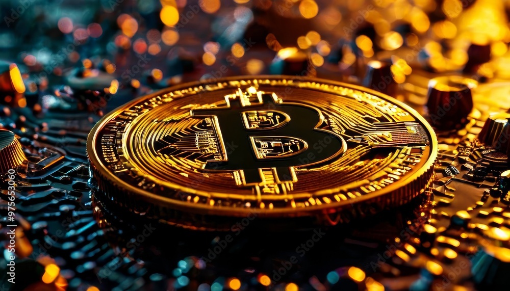 Poster a detailed close-up of a golden bitcoin resting on a highly intricate electronic circuit board, illu