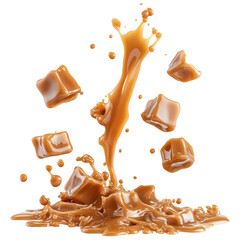 Group of Sweet Caramel Candy and Carmel Syrup up Splash Isolated on Transparent Background