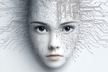 a dotted matrix grid of a face emerging from gray circuit lines on a gray on white background
