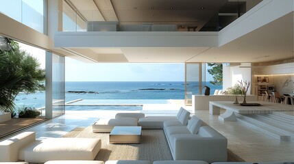 Big open interior living room lounge, open kitchen building up and on the other side office area for working that both connects with the living room, a swimming pool with ocean view. Generative AI.