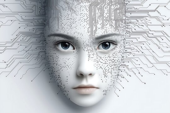 a dotted matrix grid of a face emerging from gray circuit lines on a gray on white background