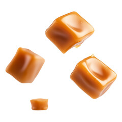 Group of Sweet Caramel Candy Falling Isolated on Transparent Background