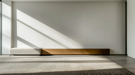 Empty minimalist living room corner with a high contrast of daylight and shadows. Luxury property interior design
