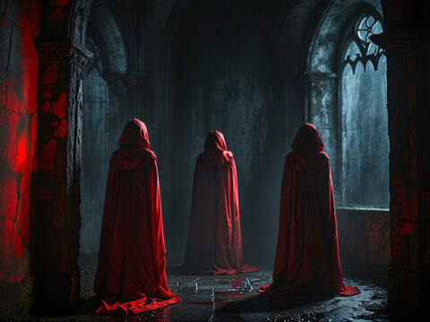 Members of a mysterious sect wearing red hoods against a dark background with darkness enveloping the scene, Generative AI	