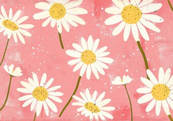 A vibrant pattern of daisies on a pink background featuring white petals and yellow centers, creating a cheerful and playful atmosphere