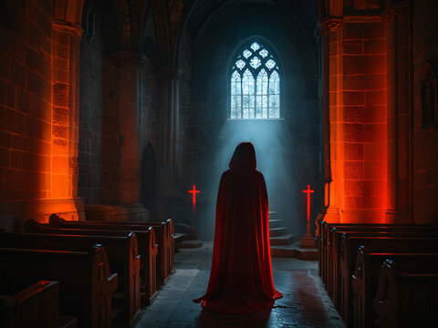 Members of a mysterious sect wearing red hoods against a cathedral background, Generative AI	