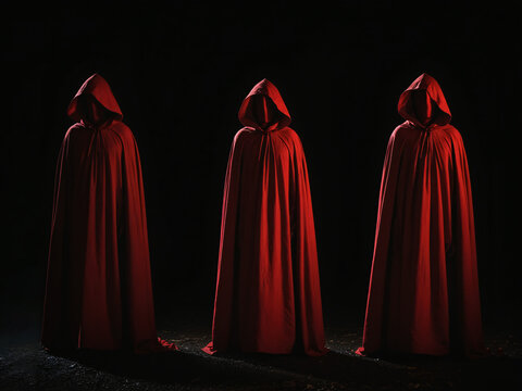 Members of a mysterious sect wearing red hoods against a dark background with darkness enveloping the scene, Generative AI	
