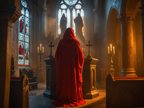 Members of a mysterious sect wearing red hoods against a cathedral background, Generative AI	