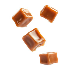 Group of Sweet Caramel Candy Falling Isolated on Transparent Background