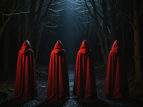 Members of a mysterious sect wearing red hoods against a dark background with darkness enveloping the scene, Generative AI	