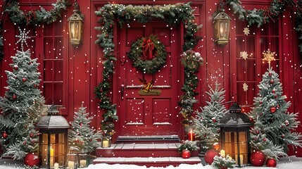 Fototapeta premium A Christmas-themed backdrop featuring a red door adorned with wreaths and lanterns, Christmas trees with garlands against a backdrop of snowflakes and red walls. Generative AI.