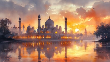 Obraz premium Serene Sunset View of a Majestic Indian Palace Generative AI