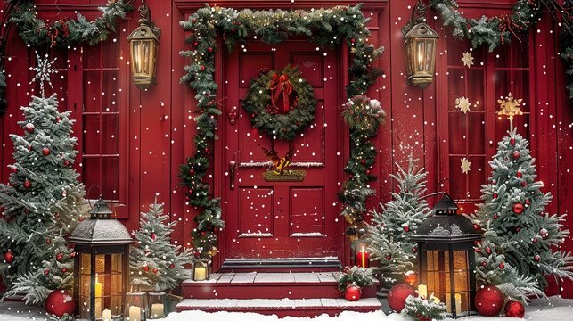 A Christmas-themed backdrop featuring a red door adorned with wreaths and lanterns, Christmas trees with garlands against a backdrop of snowflakes and red walls. Generative AI.