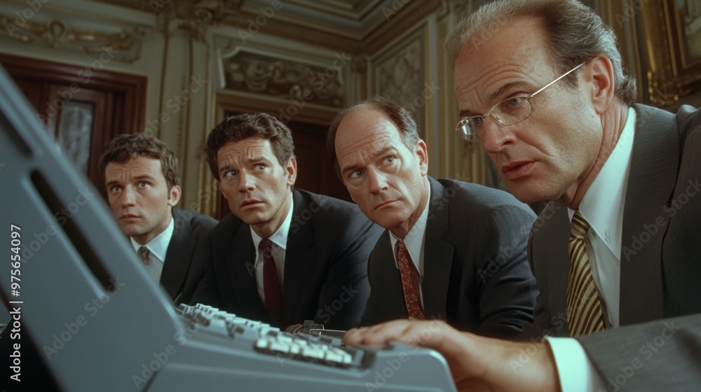 Poster a group of men in suits looking at a computer keyboard, ai