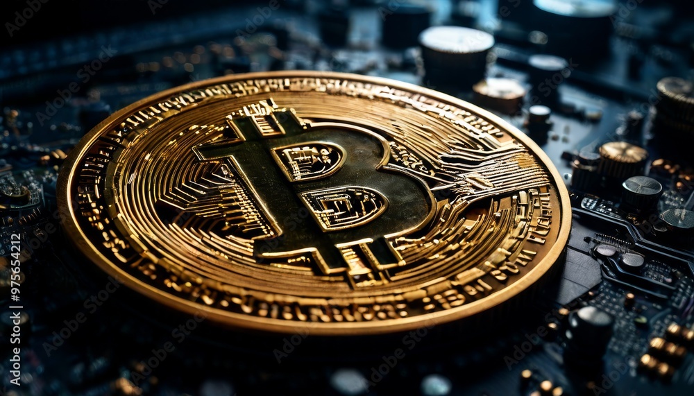 Poster a bitcoin coin resting on an electronic circuit board, symbolizing the integration of cryptocurrency