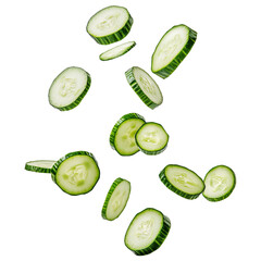 Set of Fresh Juicy Cucumber Slices Falling From Above Isolated on Transparent Background