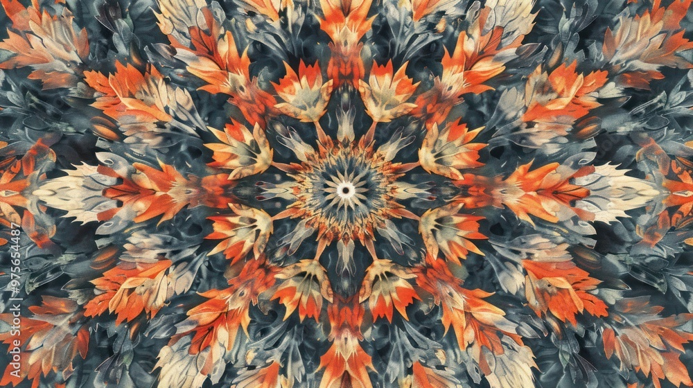 Poster nature-inspired mandalas with abstract foliage patterns arranged in mandala-like designs, using intr