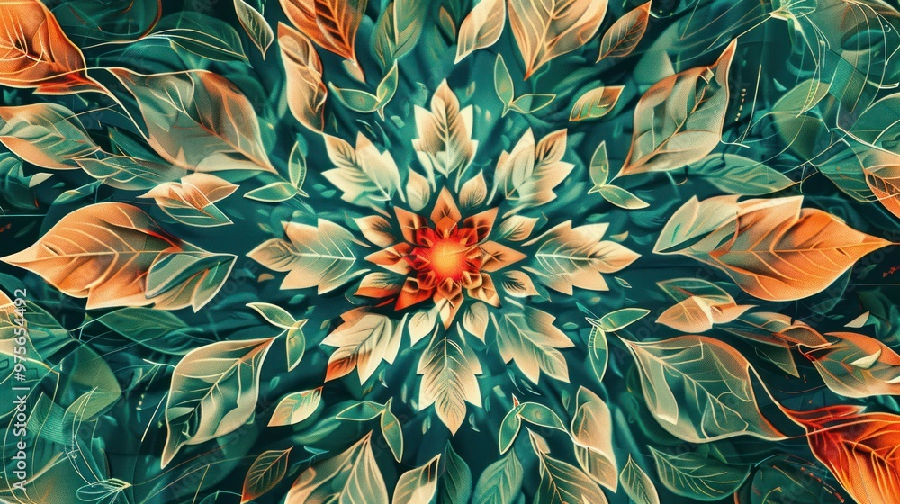 Poster nature-inspired mandalas with abstract foliage patterns arranged in mandala-like designs, using intr