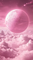 Obraz premium A surreal pink planet hovering over fluffy clouds in a dreamy sky.