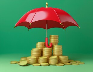 A red umbrella protects a stack of gold coins, 3D illustration
