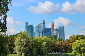 Skyscrapers and multi-story buildings against the backdrop of a picturesque sky
