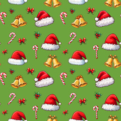 Seamless repeating pattern Christmas wallpaper with candy canes, Christmas hats, Jingle bells and holly with Red bows, wrapping paper design