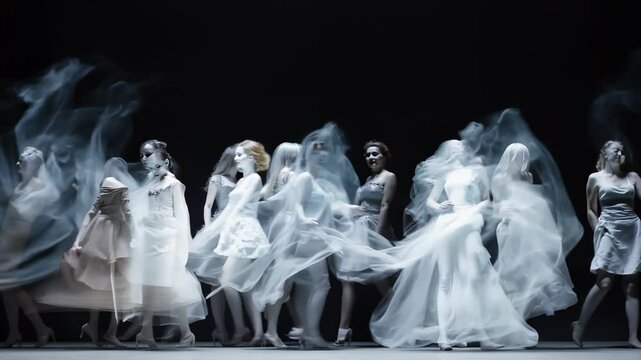 Misty ethereal space filled with translucent figures in various attire. Soft, diffused lighting creates a dreamy atmosphere. Figures move slowly, creating a sense of timelessness and reflection. 