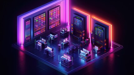 Fototapeta premium A 3D isometric illustration of a futuristic technology room with glowing neon lights and various computer screens.
