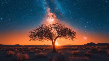 Starry Night and Tree Silhouette with Milky Way Generative AI