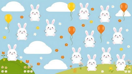 Obraz premium Colorful and cheerful illustration of white bunnies holding balloons and sitting on flower-filled hills under a bright blue sky. The playful layout makes it ideal for children's decor