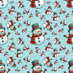 Seamless repeating pattern wallpaper with a happy and smiling snowman, wrapping paper design