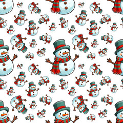 Seamless repeating pattern wallpaper with a happy and smiling snowman, wrapping paper design