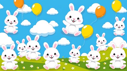 Fototapeta premium Whimsical cartoon-style illustration featuring white bunnies with pink cheeks and yellow balloons floating in the sky and sitting on flower-filled hills. Ideal for playful children's artwork or fun