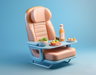 An airplane seat with a tray table set with a salad a fruit plate and a bottle of juice