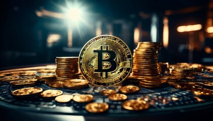 A Bitcoin coin standing amidst stacks of gold coins in a high-tech environment, representing the convergence of traditional wealth and modern digital currency. The image conveys a sense of opulence