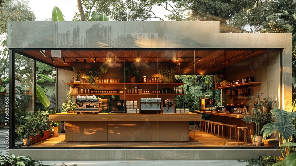 Poster a cafe made from wood and concrete with large glass panels. the front where it is open to nature, wh