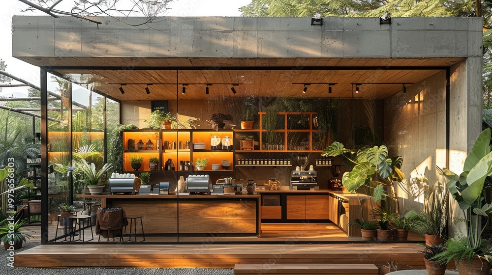 Poster a cafe made from wood and concrete with large glass panels. the front where it is open to nature, wh