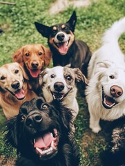 group of dogs happy gathered together taking a selfie