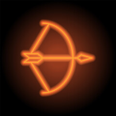 Bow and arrow simple icon. Flat design. Orange neon on black background