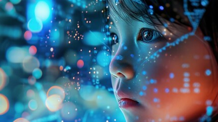 Close up of a childs face lit by blue background lights