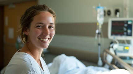 Obraz premium A woman is happily smiling while sitting comfortably in a hospital bed