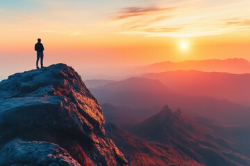 Fototapeta premium Person standing on mountain at sunset with panoramic scenic view