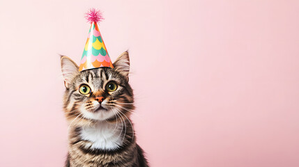 Cute cat with birthday party hat isolatedon solid color background, concept for birthday cards, anniversary or invitations