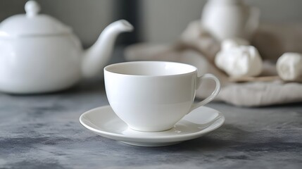 Fototapeta premium 26. A classic white porcelain tea set with a teacup and saucer