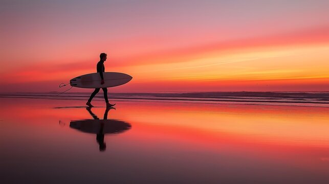 Surfer walking on the beach with their surfboard at sunset, long exposure photography. Background is blurred to emphasize the surfer and the ocean, abstract, minimalist composition