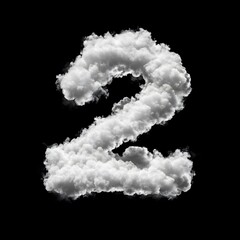 Cloud Number 2, Cloud or Smoke Alphabet 2Isolated on Black Background, Heavenly Typography with Fluffy Clouds