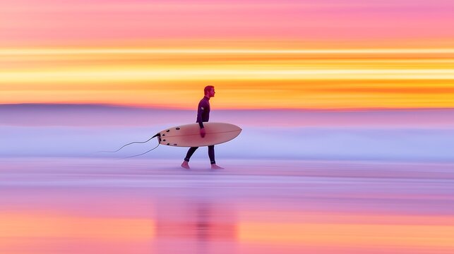 Surfer walking on the beach with their surfboard at sunset, long exposure photography. Background is blurred to emphasize the surfer and the ocean, abstract, minimalist composition